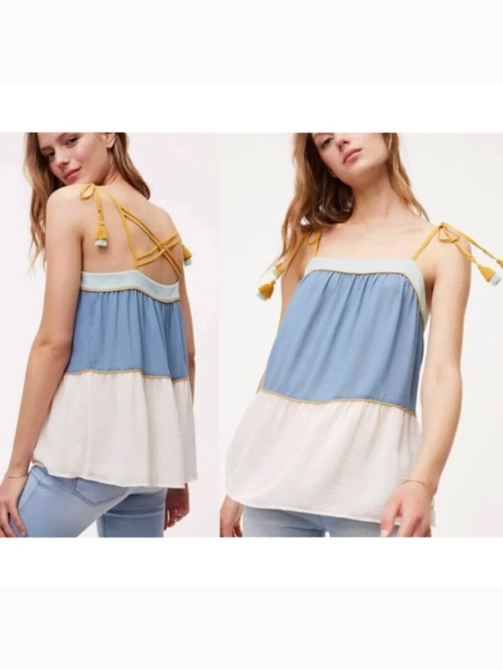 ANN TAYLOR LOFT Poolside Peplum Cami Cream Beige Blue Tassel Strappy Tank Blouse